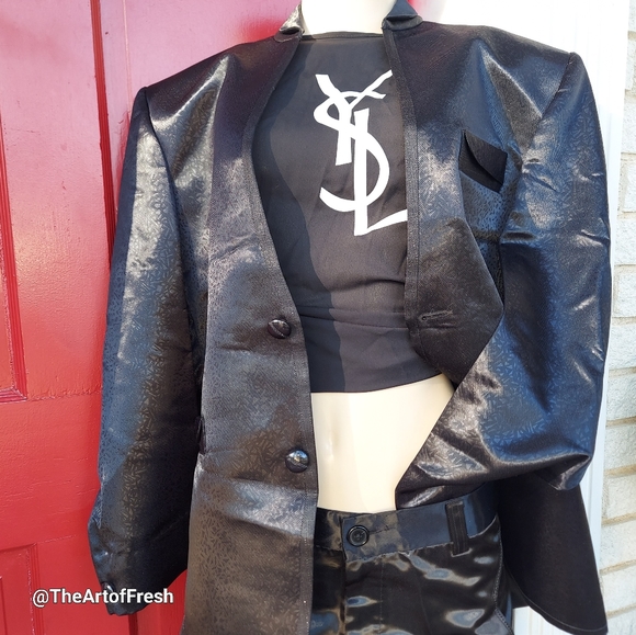 Mens 2pc Modern Fit Suit Shiny Wet  Black (Unisex) - Picture 3 of 14